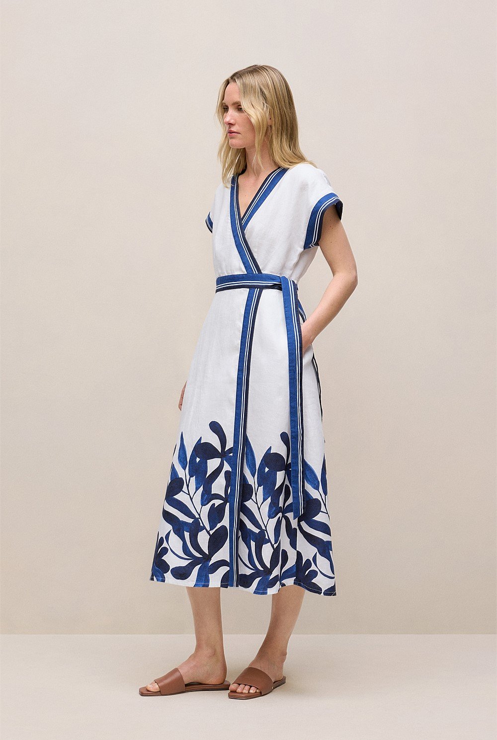 Marea Border Stripe Linen Wrap Dress