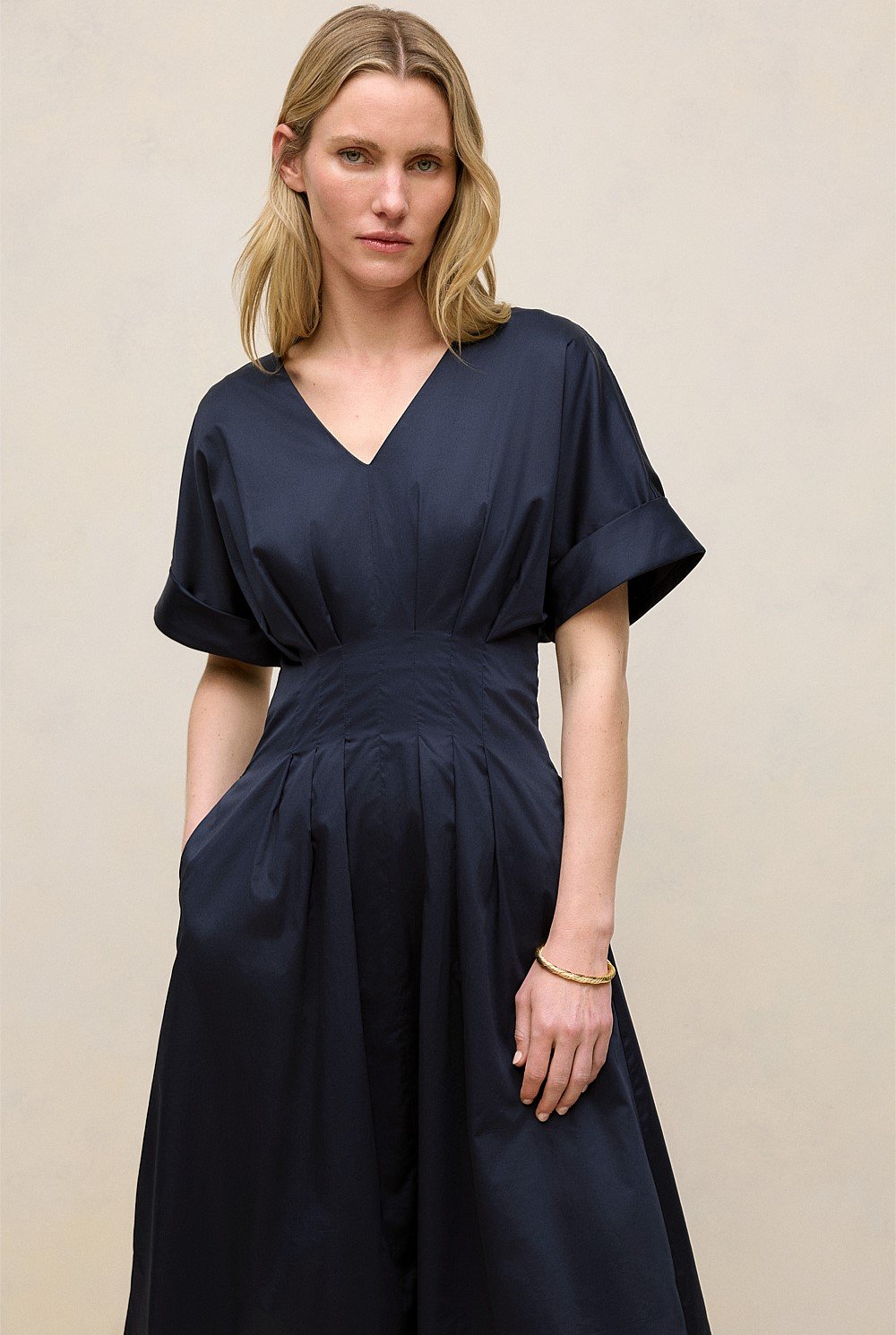 Cotton Sateen Pleat Waist Dress