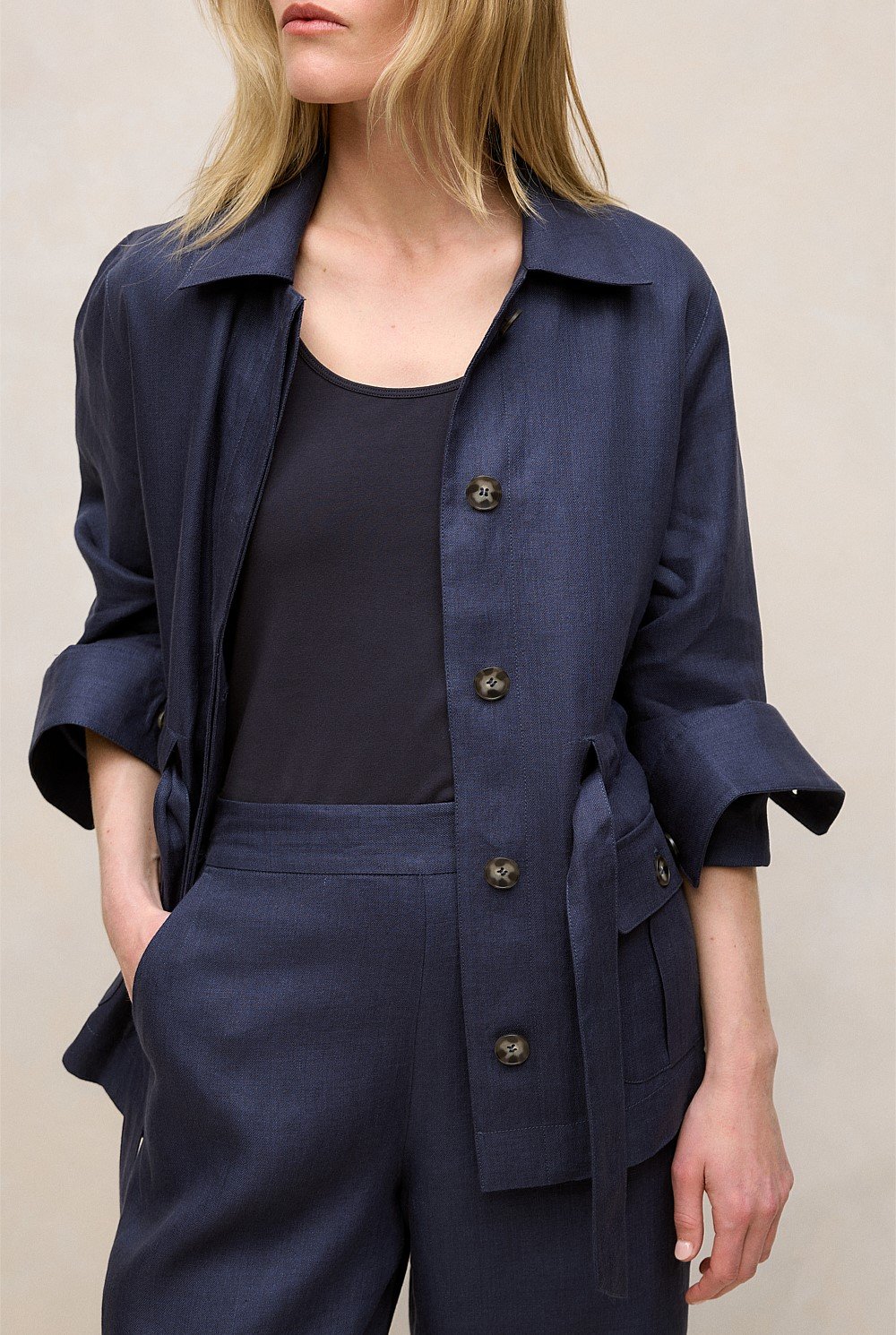 Linen Pocket Detail Belted Jacket