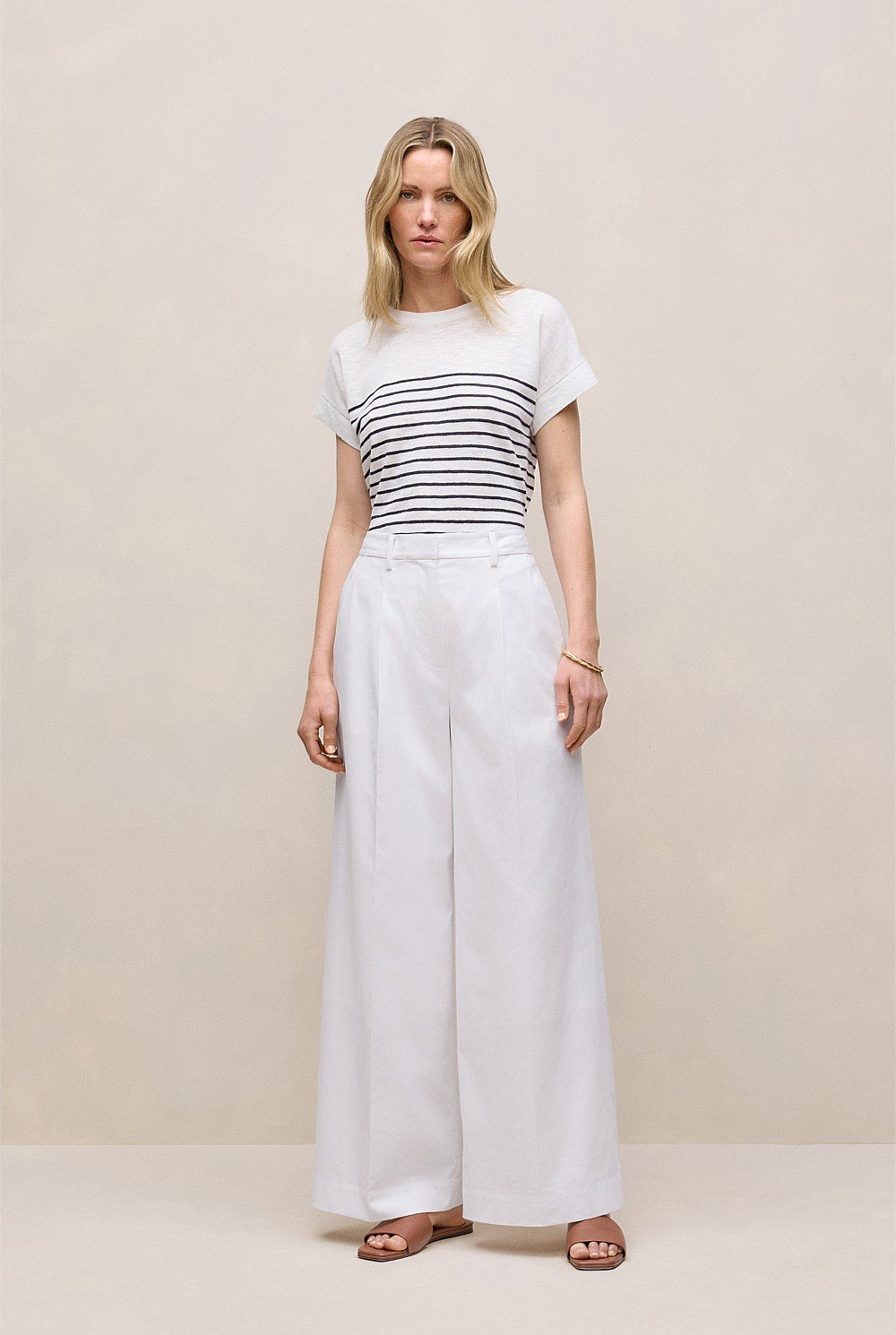 Linen Cotton Stripe Relaxed Crew T-shirt