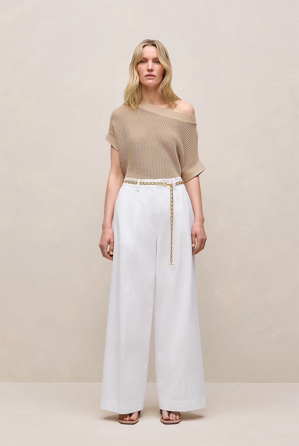 Cotton Blend Tailored Wide Leg Pant
