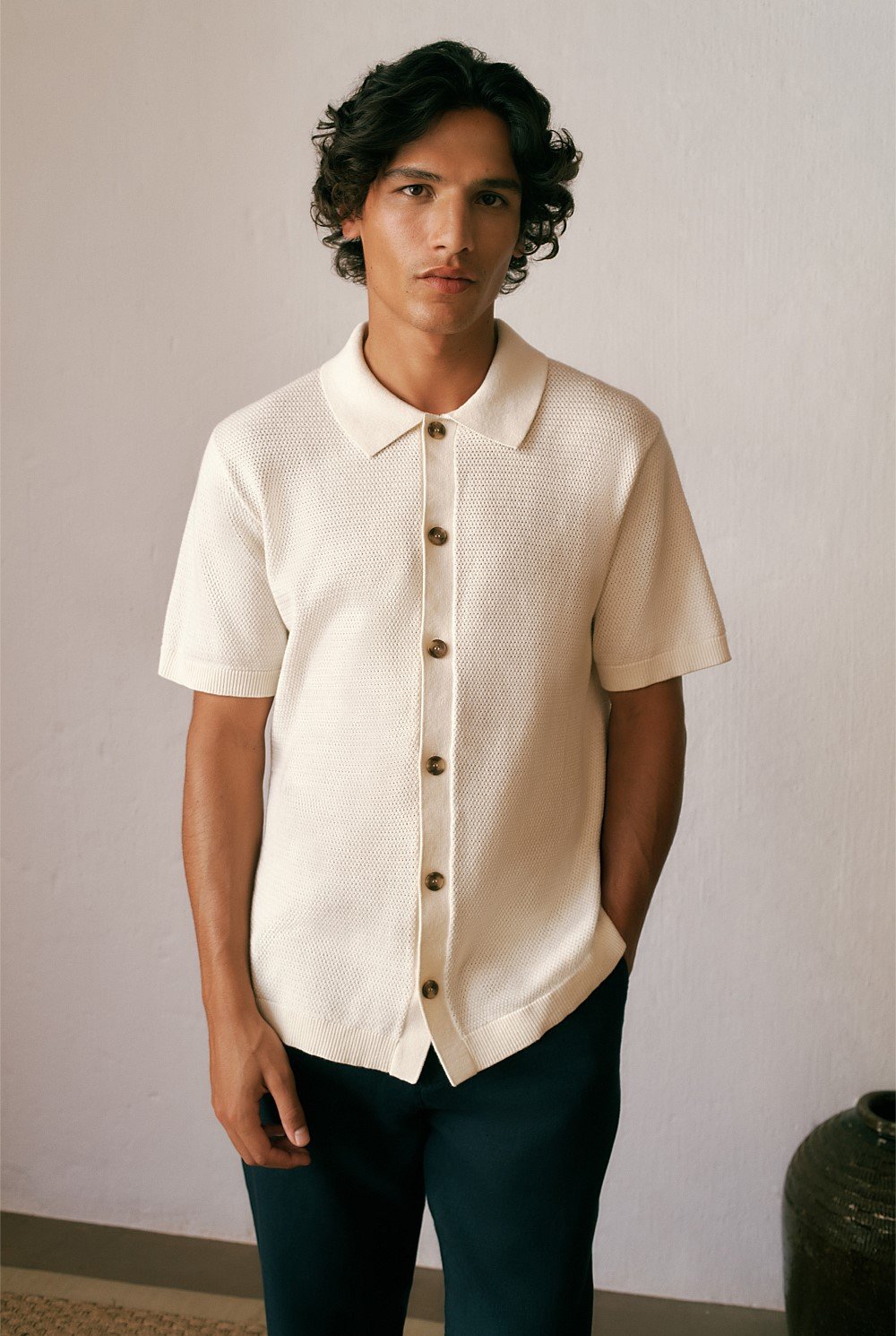 Cotton Basketweave Knit Shirt