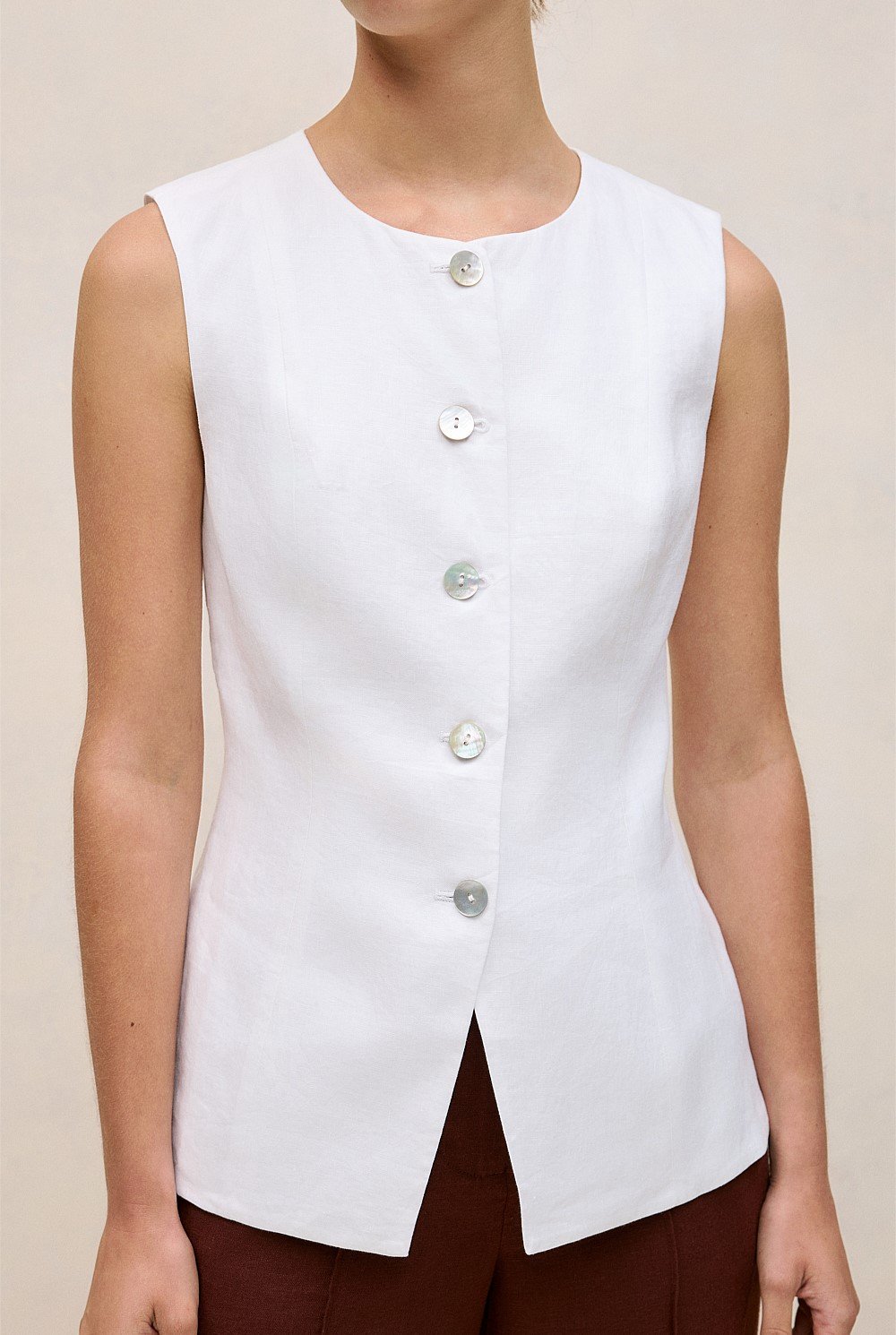 Linen Collarless Button Through Vest