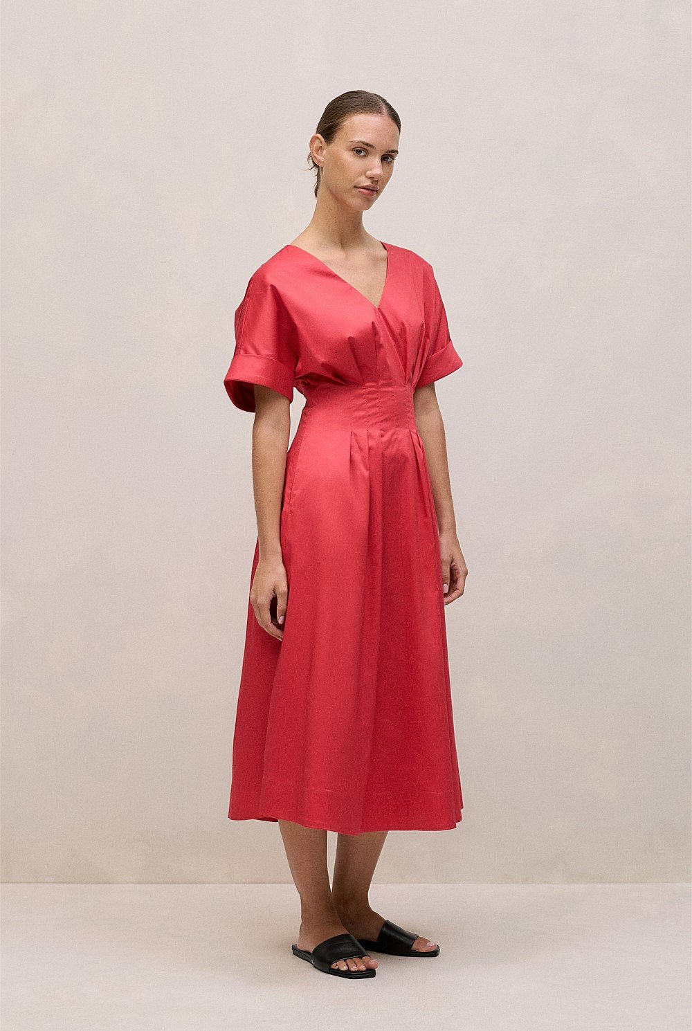 Cotton Sateen Pleat Waist Dress