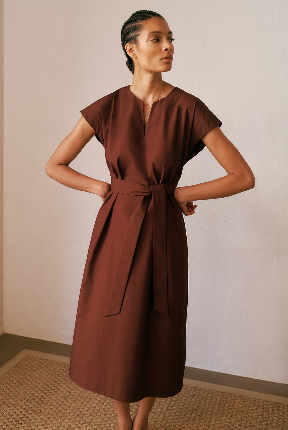 Cotton Poplin Cap Sleeve Belted Dress
