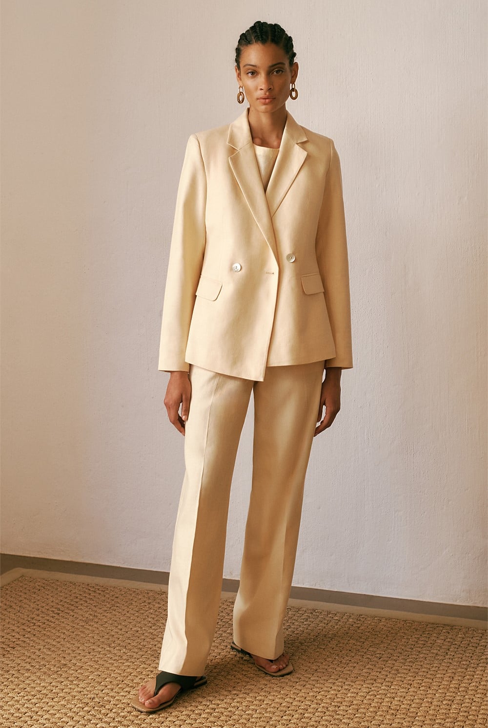 Linen Cotton Herringbone Tailored Wide Leg Pant