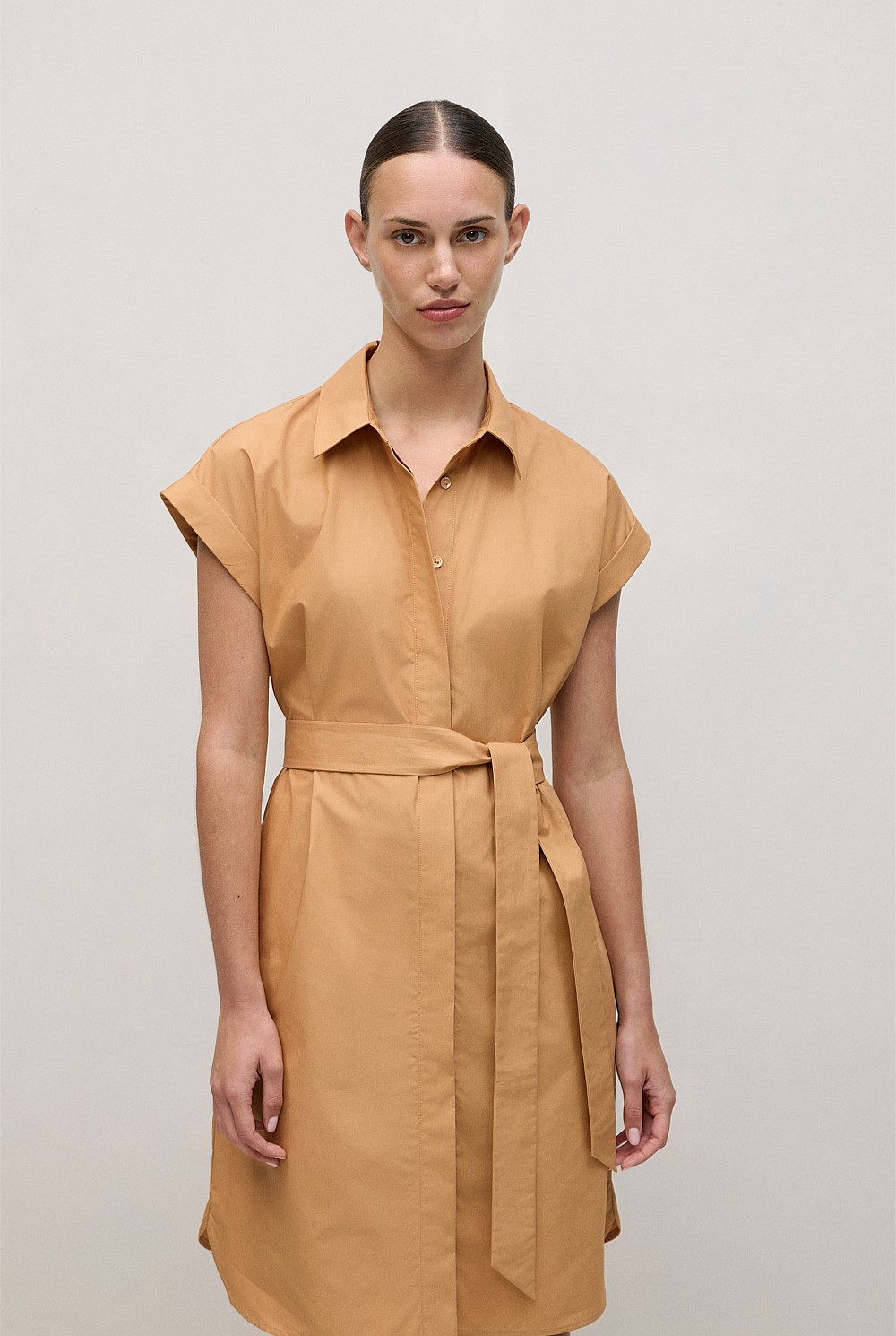 Cotton Poplin Cap Sleeve Shirt Dress
