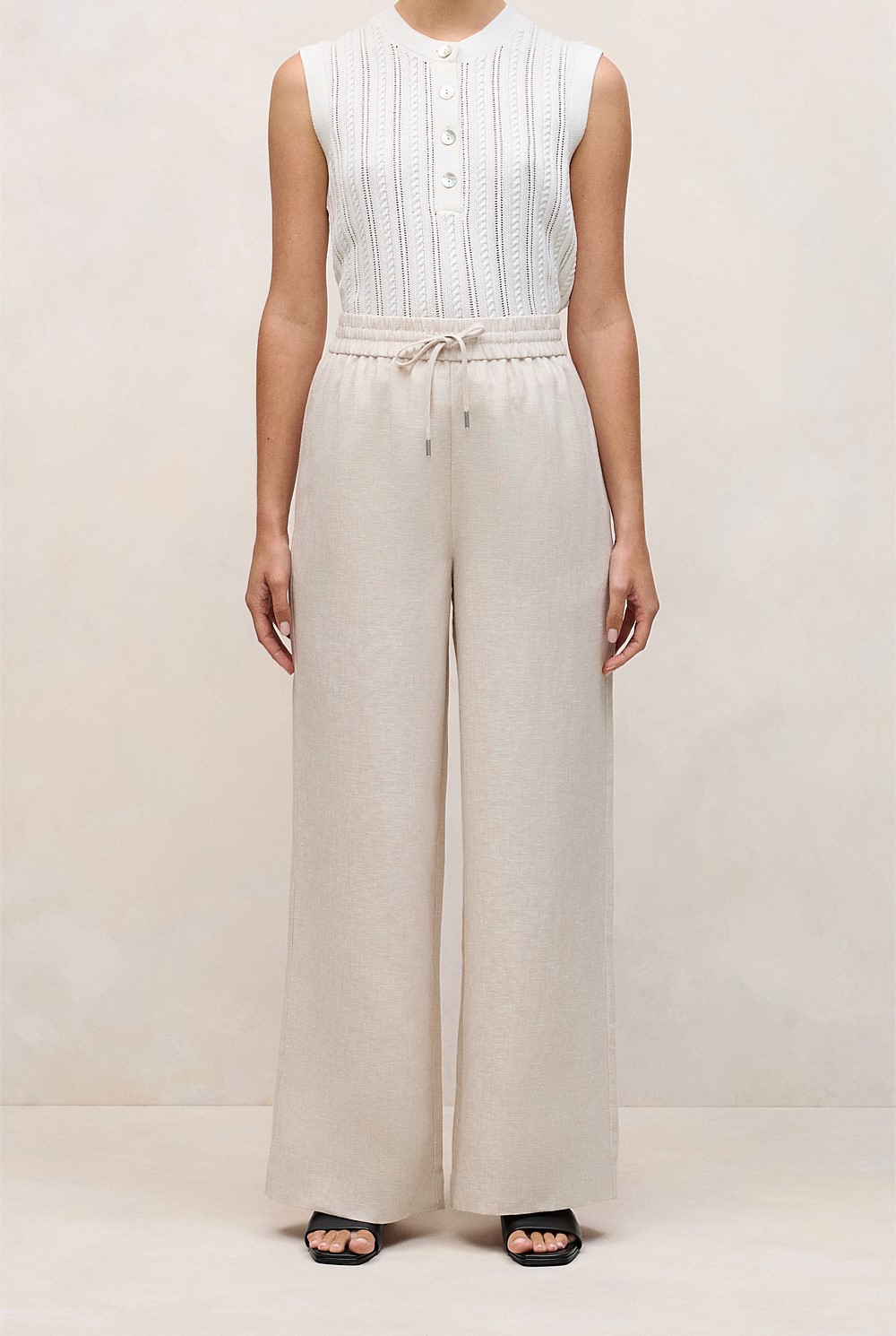 Yarn Dyed Linen Drawcord Wide Leg Pant