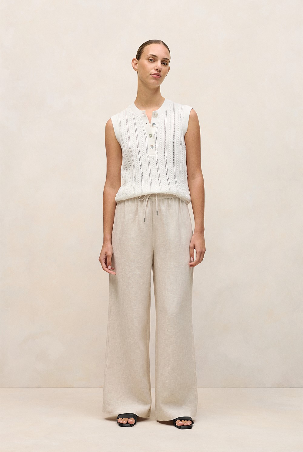 Yarn Dyed Linen Drawcord Wide Leg Pant