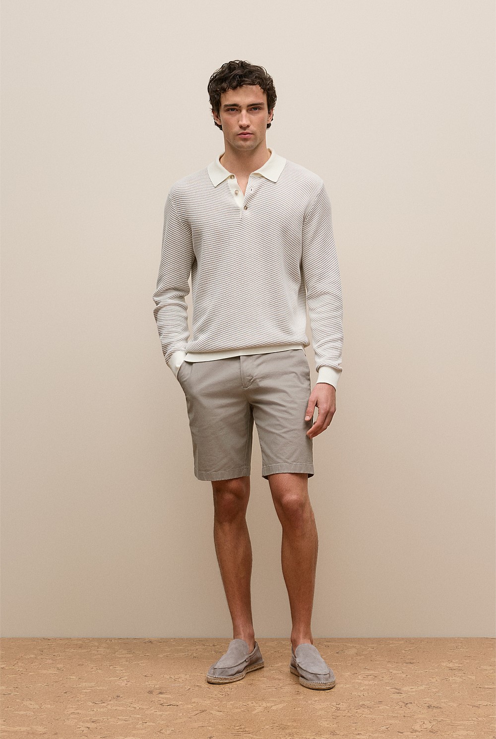 Linear Texture Knit Long Sleeve Polo