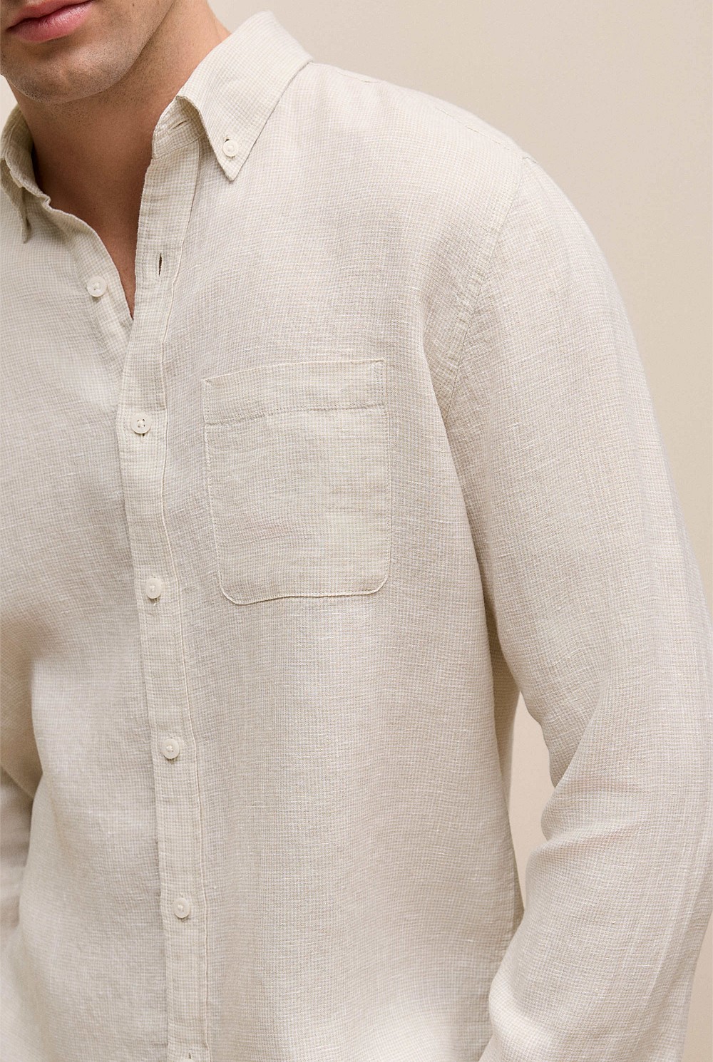 Regular Fit Linen Micro Check Long Sleeve Shirt