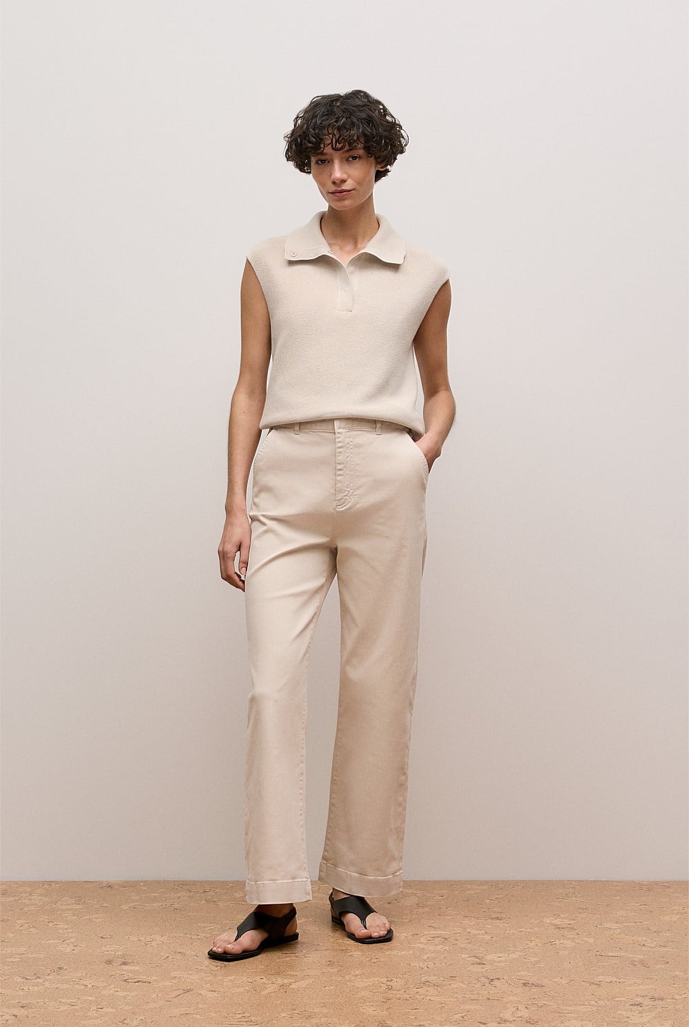 Cotton Cashmere Sleeveless Button Neck Knit