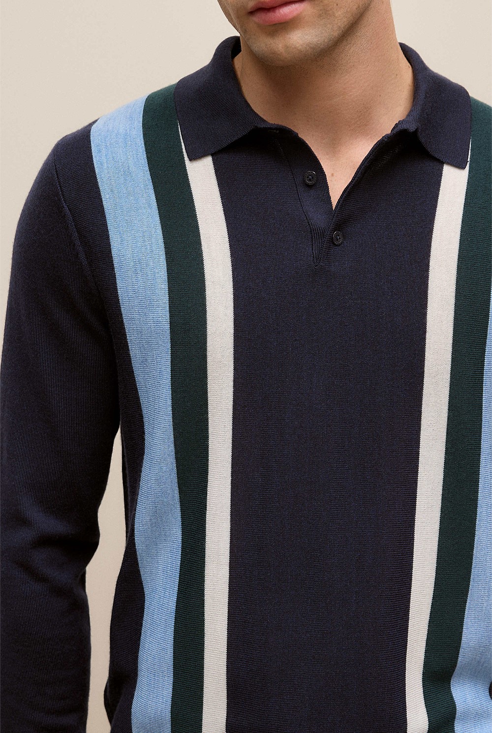 Merino Graphic Stripe Long Sleeve Polo