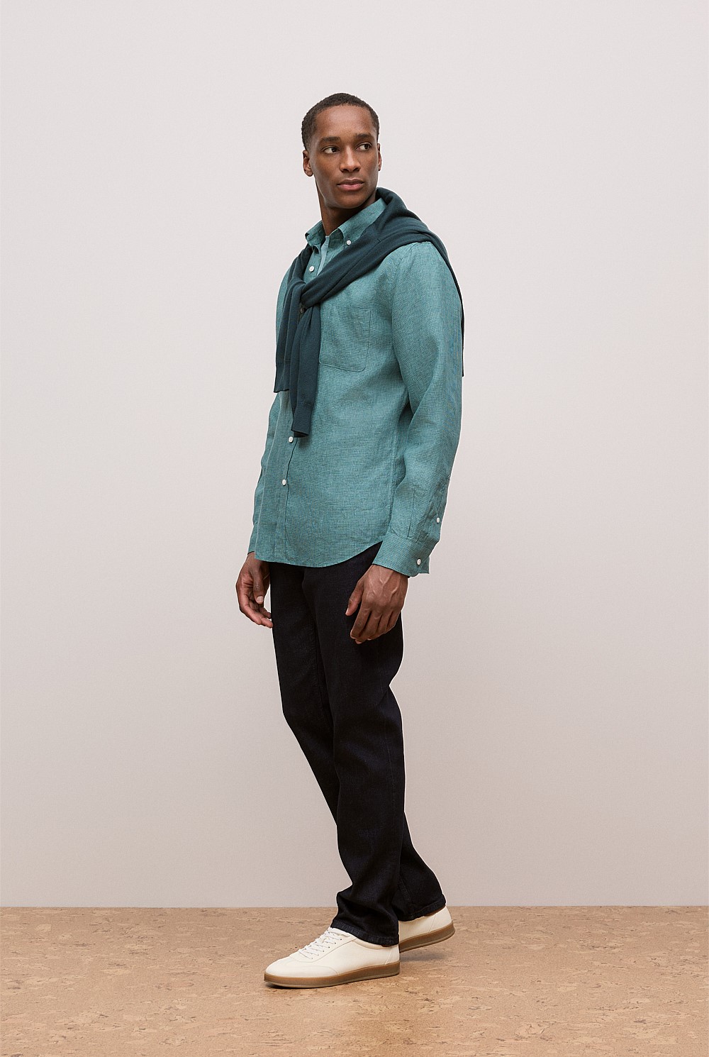 Regular Fit Linen Micro Check Long Sleeve Shirt