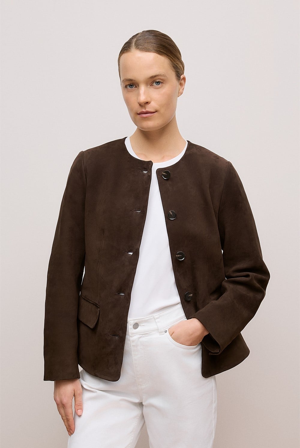 Suede Collarless Jacket