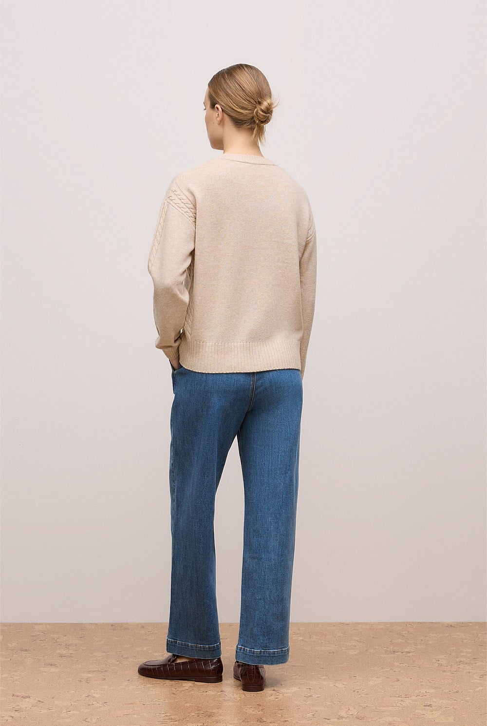 Wool Cashmere Cable Detail Crew