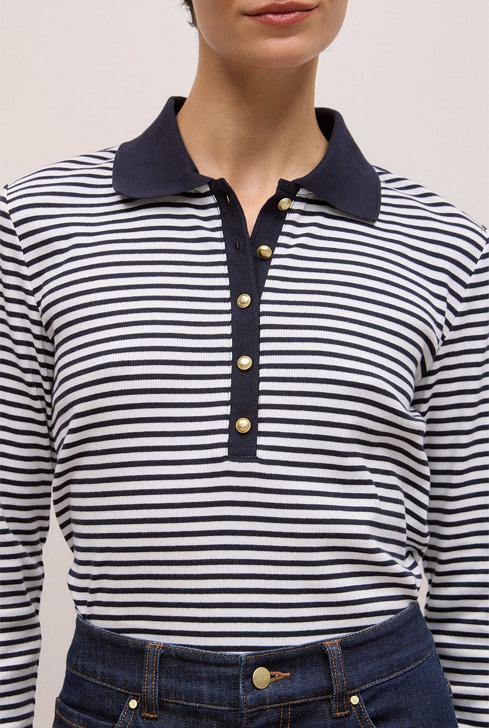 Cotton Stripe Button Detail Polo