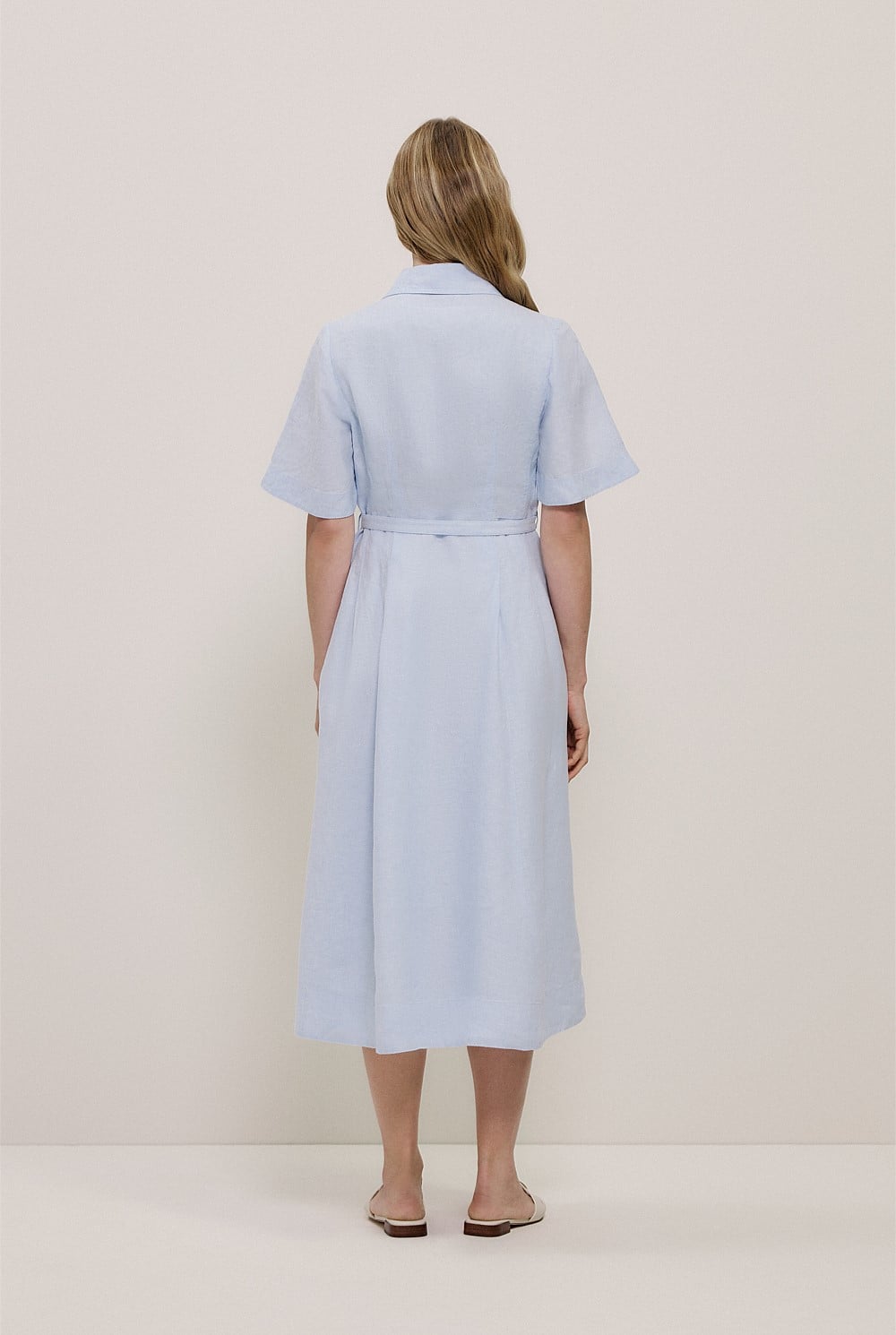 Linen Belted Short Sleeve Shirt Dress