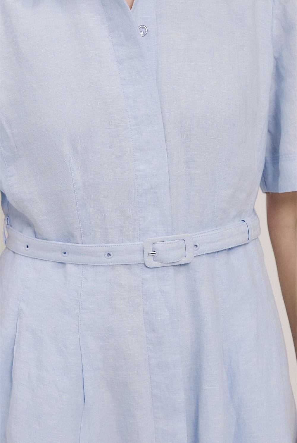 Linen Belted Short Sleeve Shirt Dress