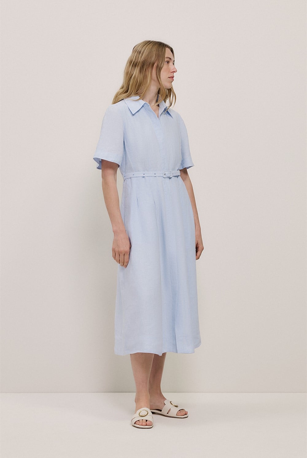 Linen Belted Short Sleeve Shirt Dress