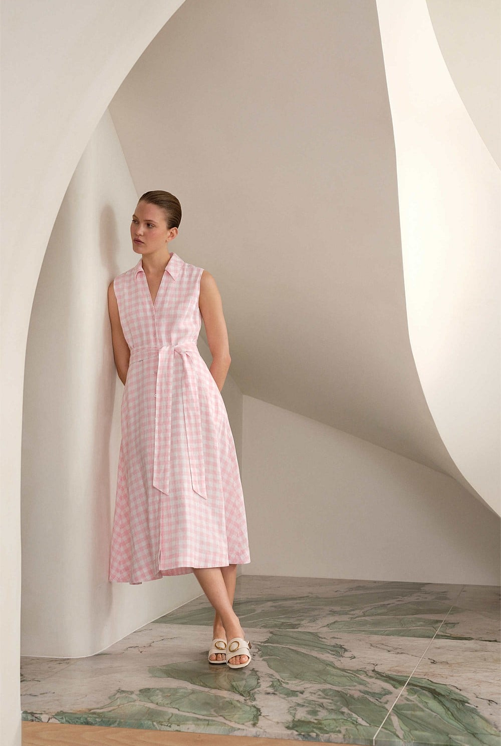 Gingham Linen Sleeveless Shirt Dress