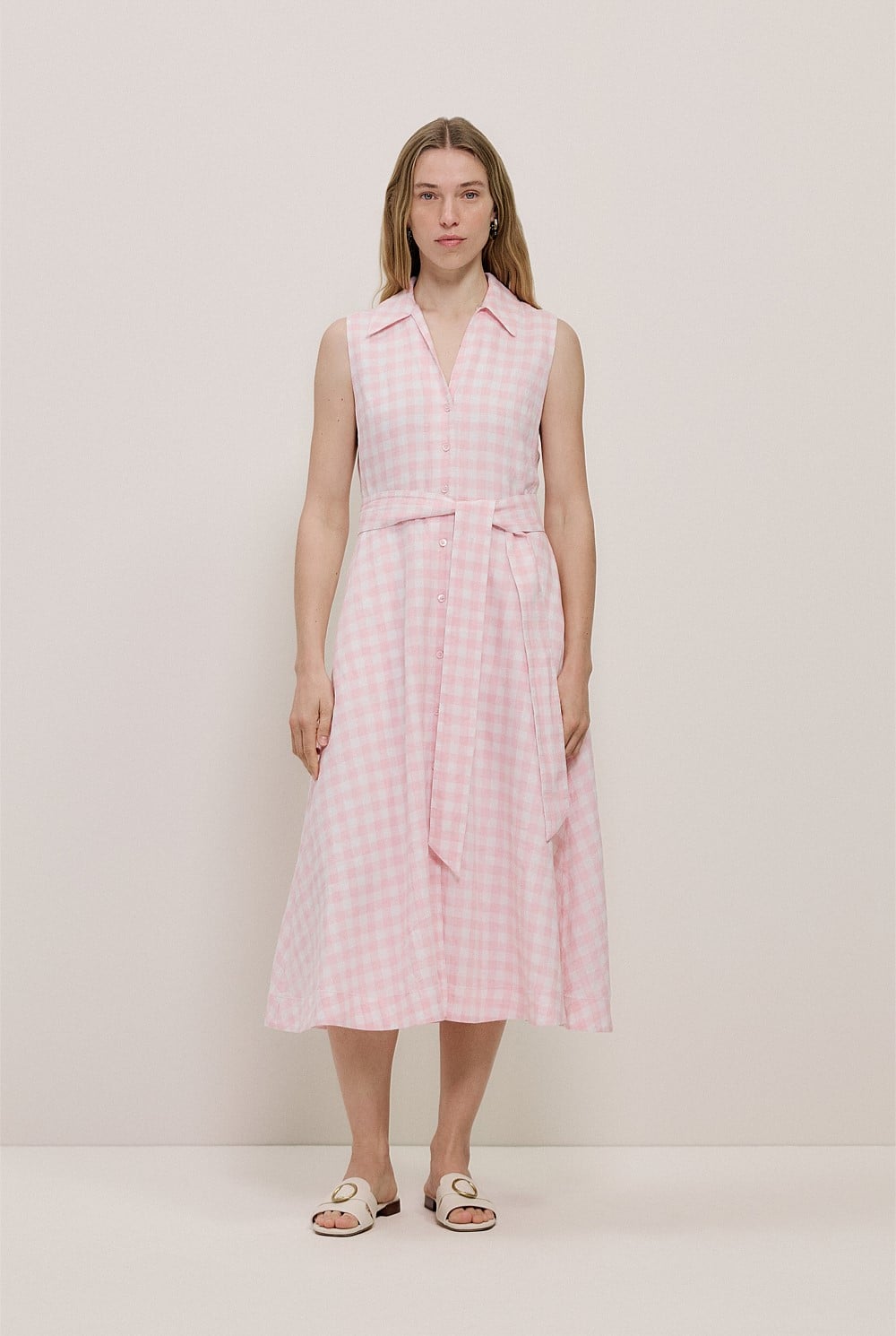 Gingham Linen Sleeveless Shirt Dress