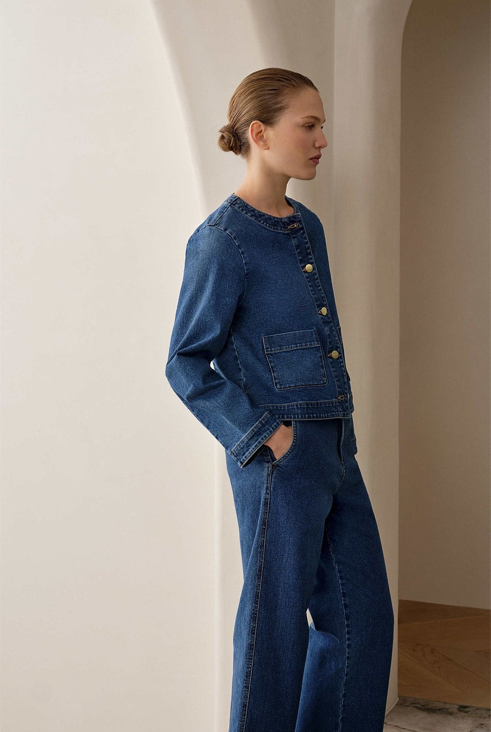 Collarless Cropped Denim Jacket