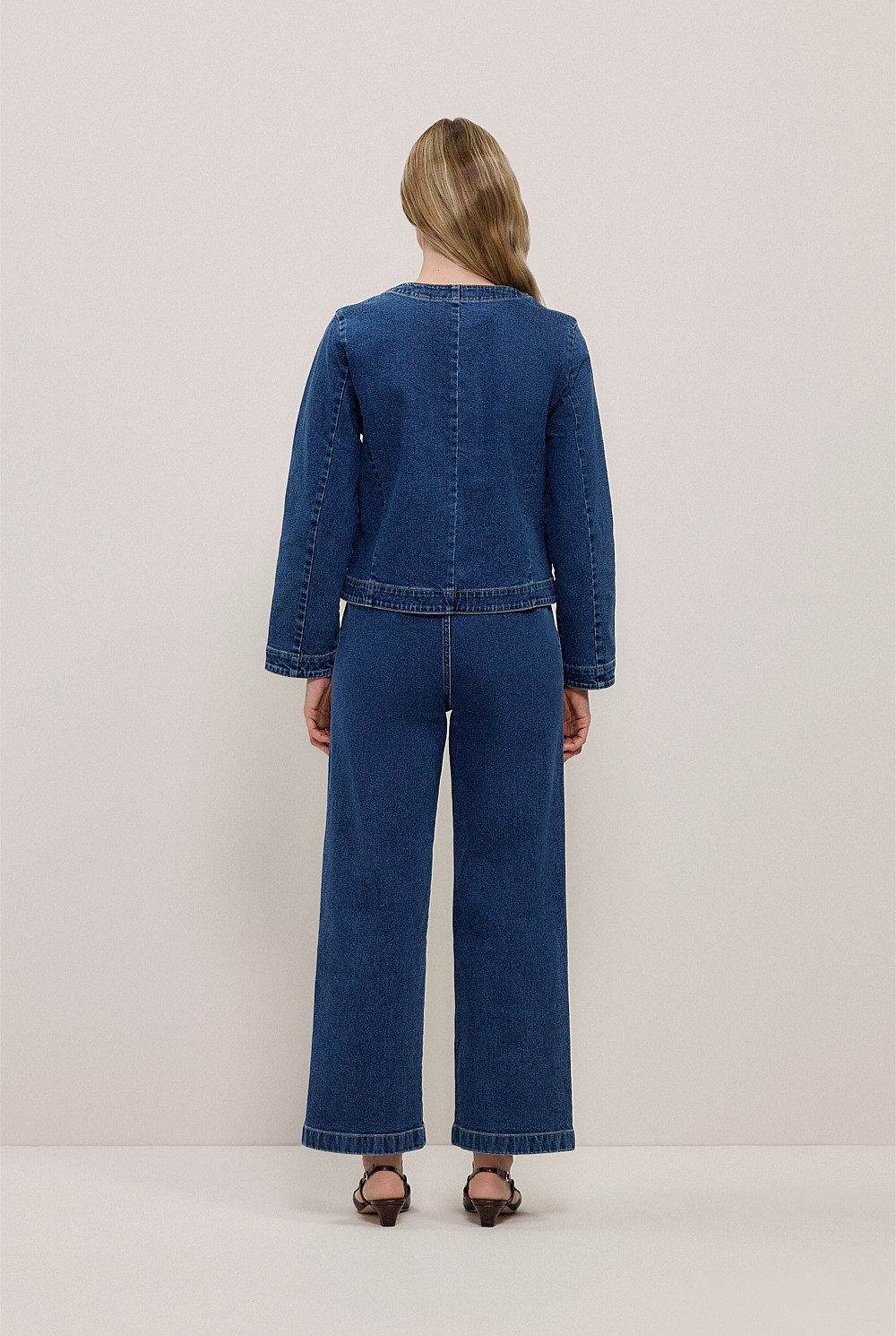Collarless Cropped Denim Jacket