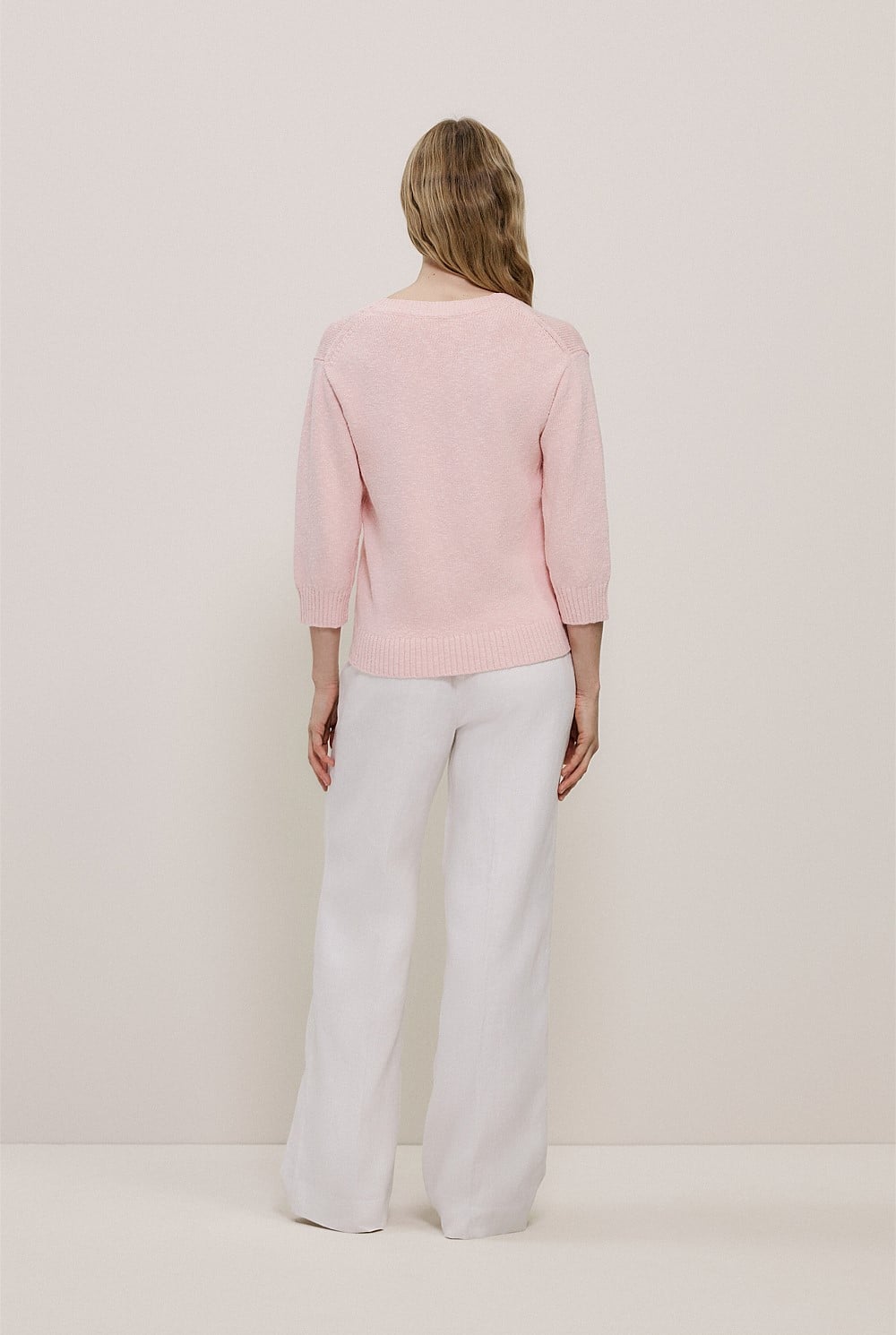 Cotton Linen Textured V Neck Knit