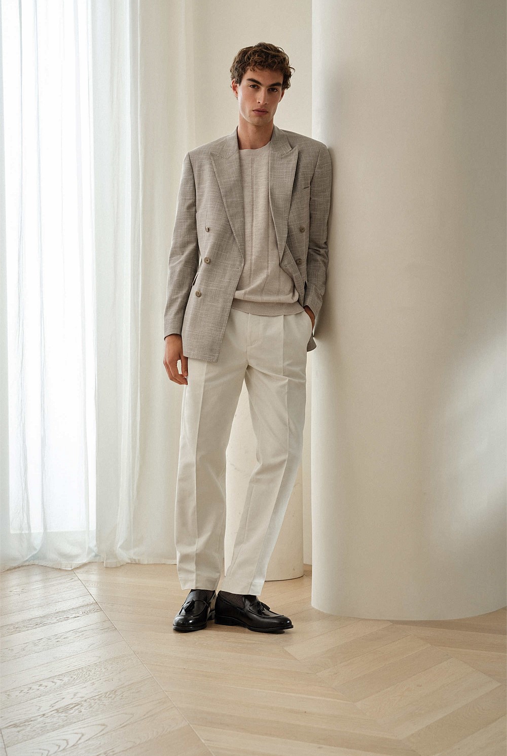 Textured Wool Blend Double Breasted Blazer