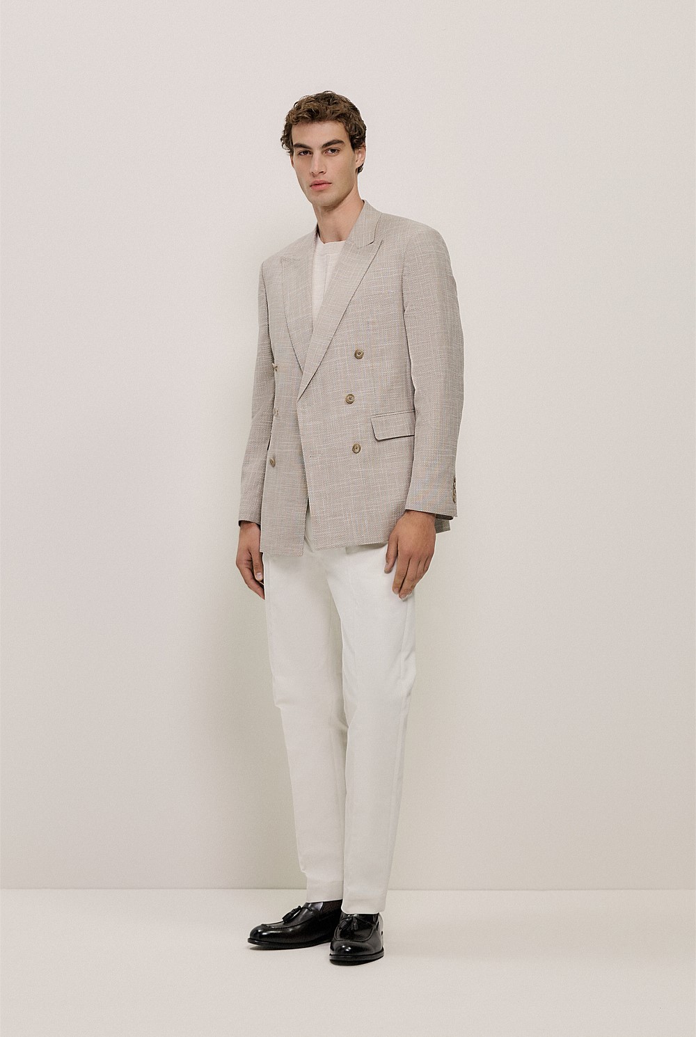 Textured Wool Blend Double Breasted Blazer
