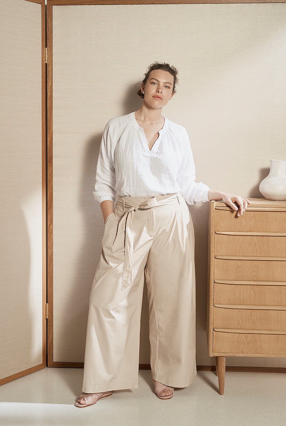 Tie Front Wide Leg Cotton Trouser