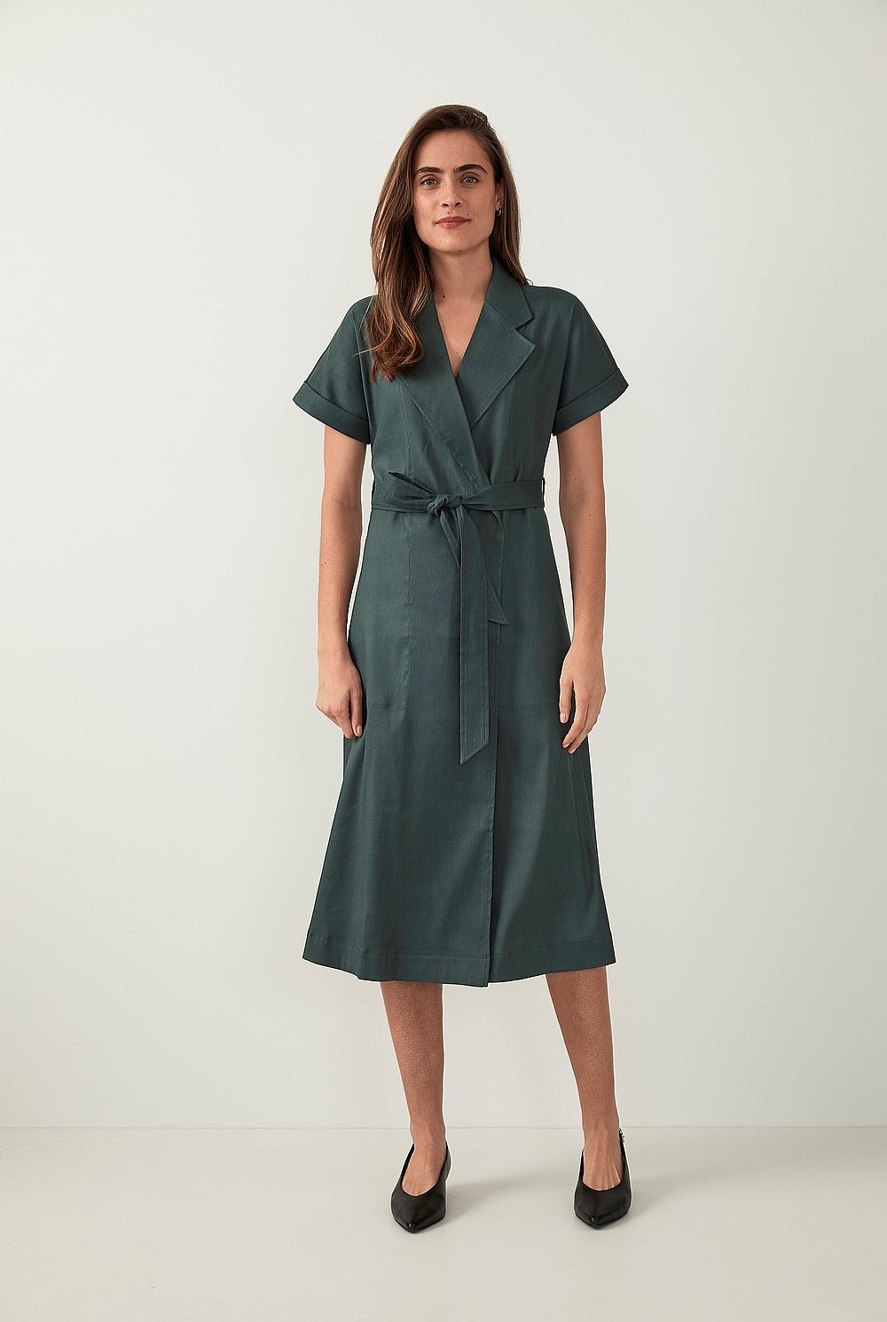 Stretch Linen Wrap Front Dress