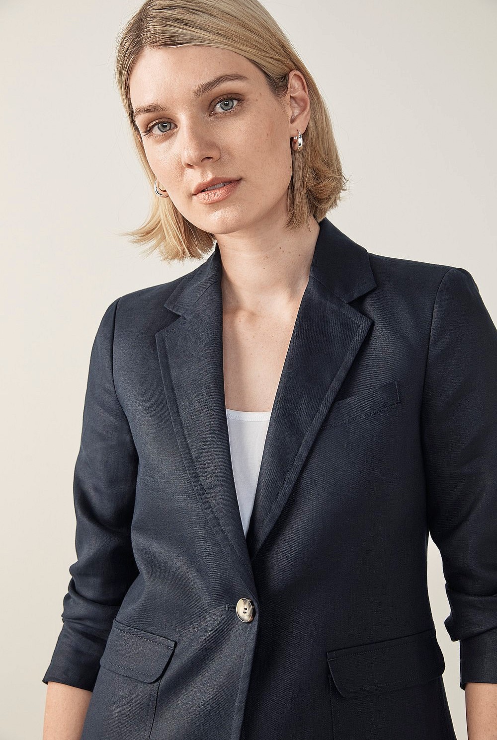 Linen Twill Crop Sleeve Blazer