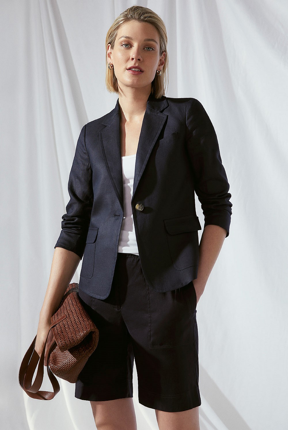 Linen Twill Crop Sleeve Blazer