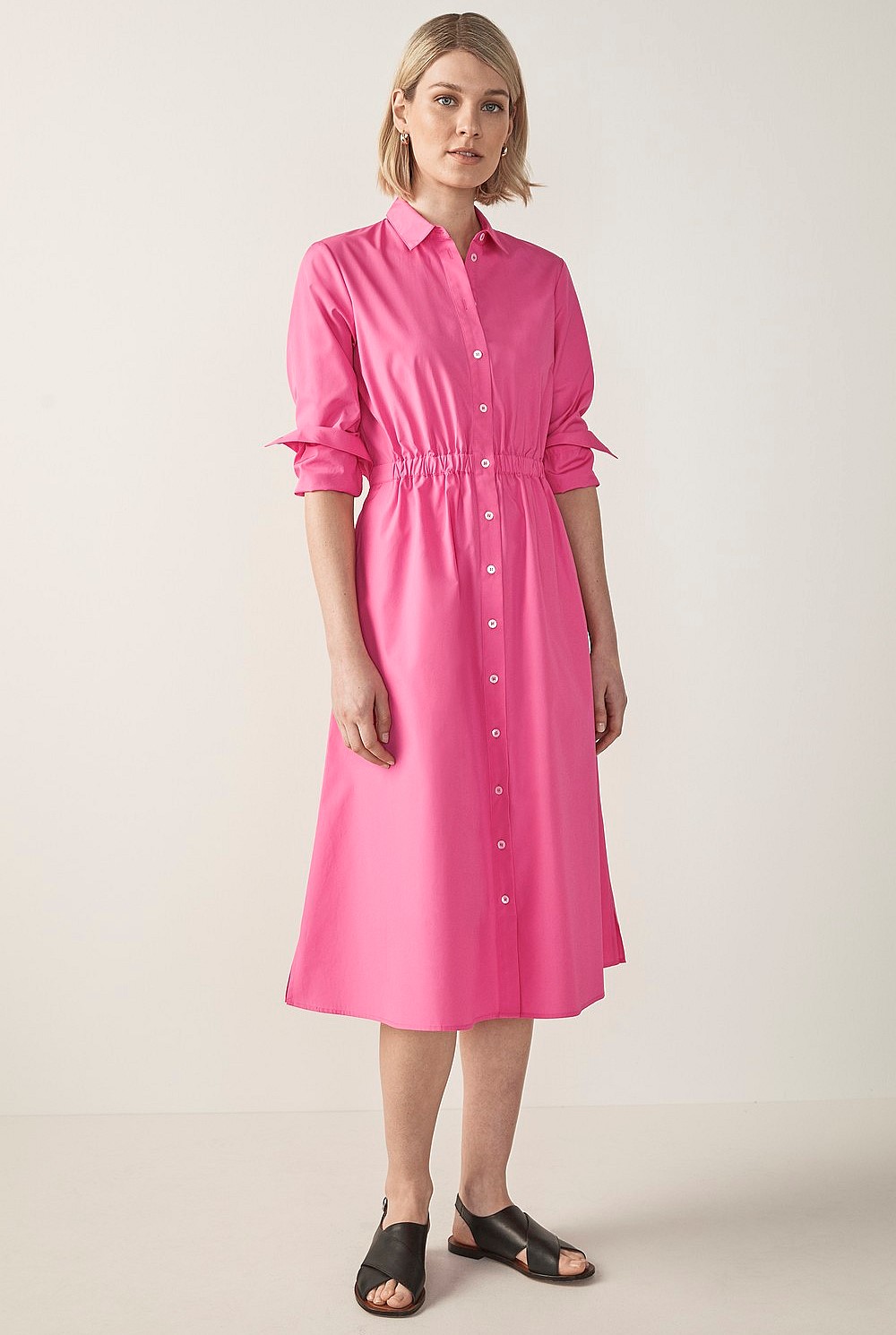 Cotton Poplin Gathered Shirt Dress
