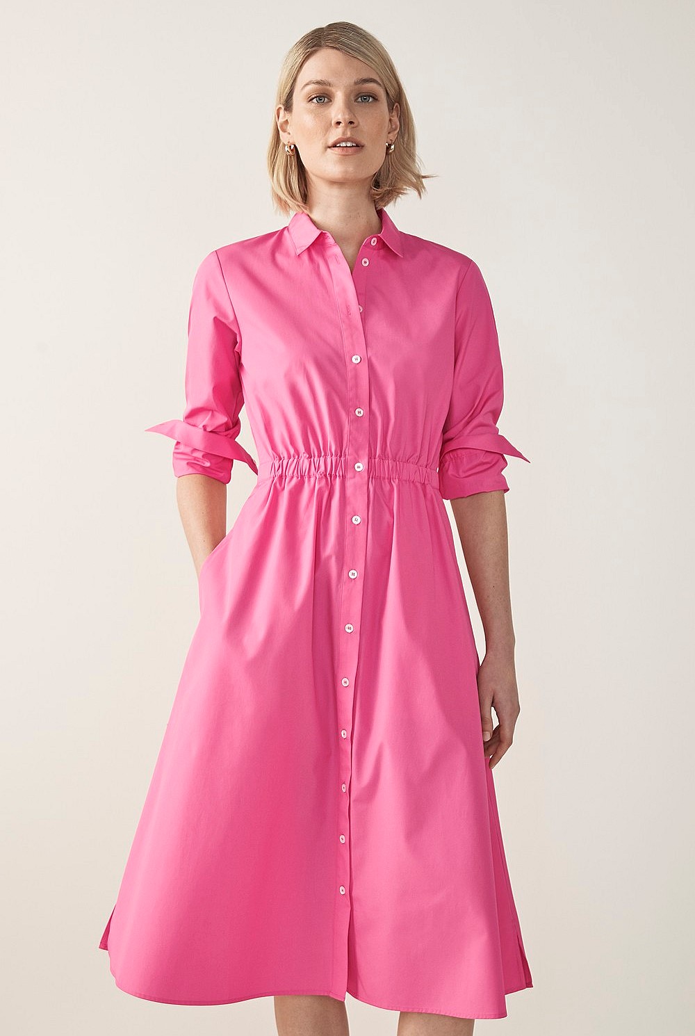Cotton Poplin Gathered Shirt Dress