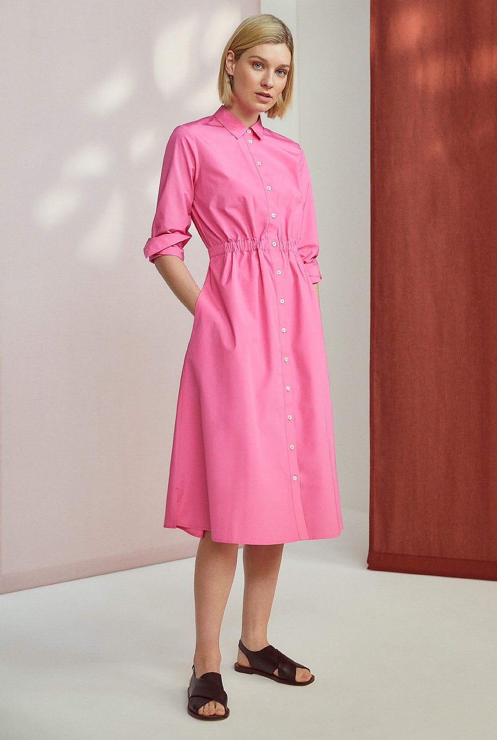 Cotton Poplin Gathered Shirt Dress