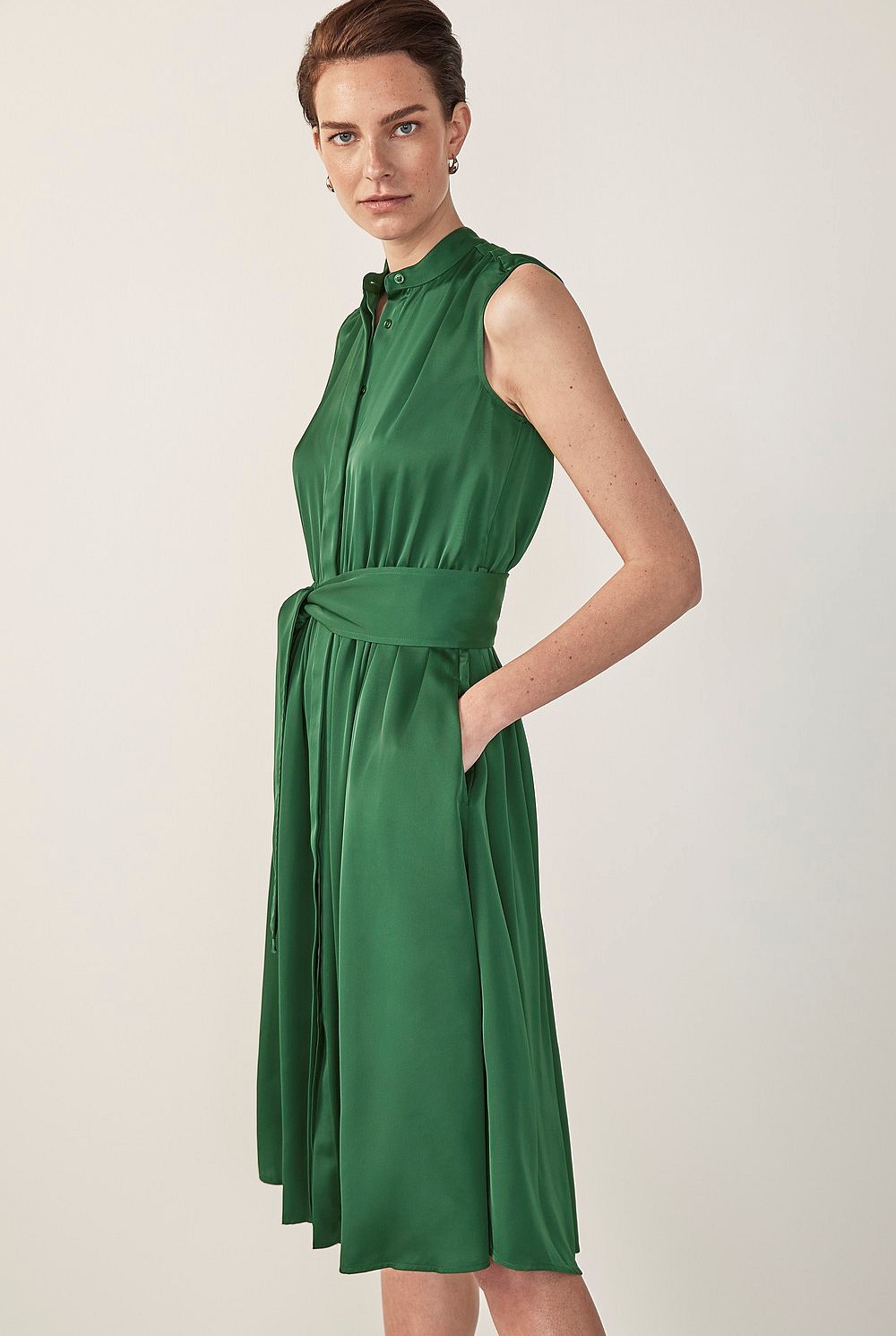 Sleeveless Gathered Shirt Dress