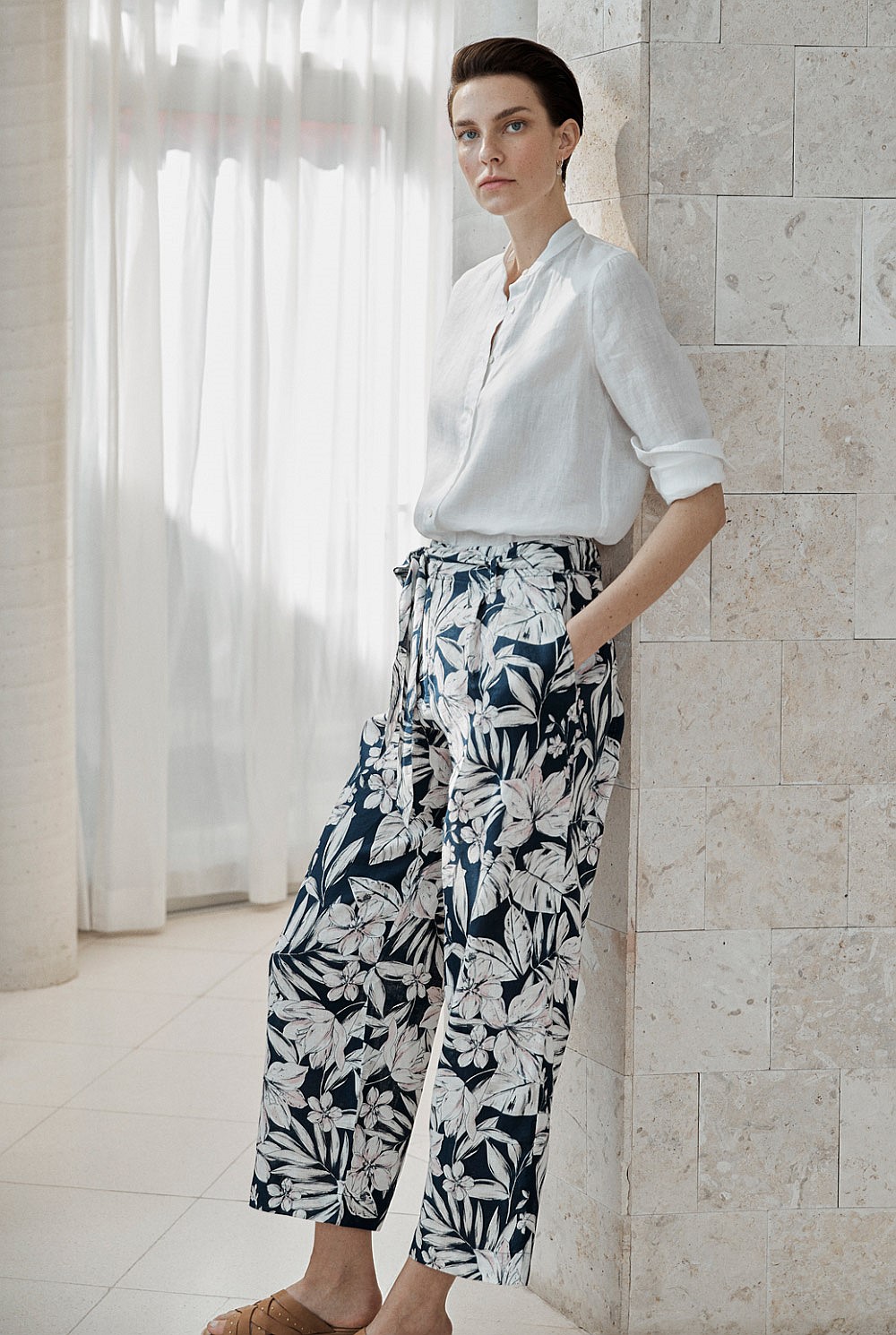 Linen Floral Palm Print Pant