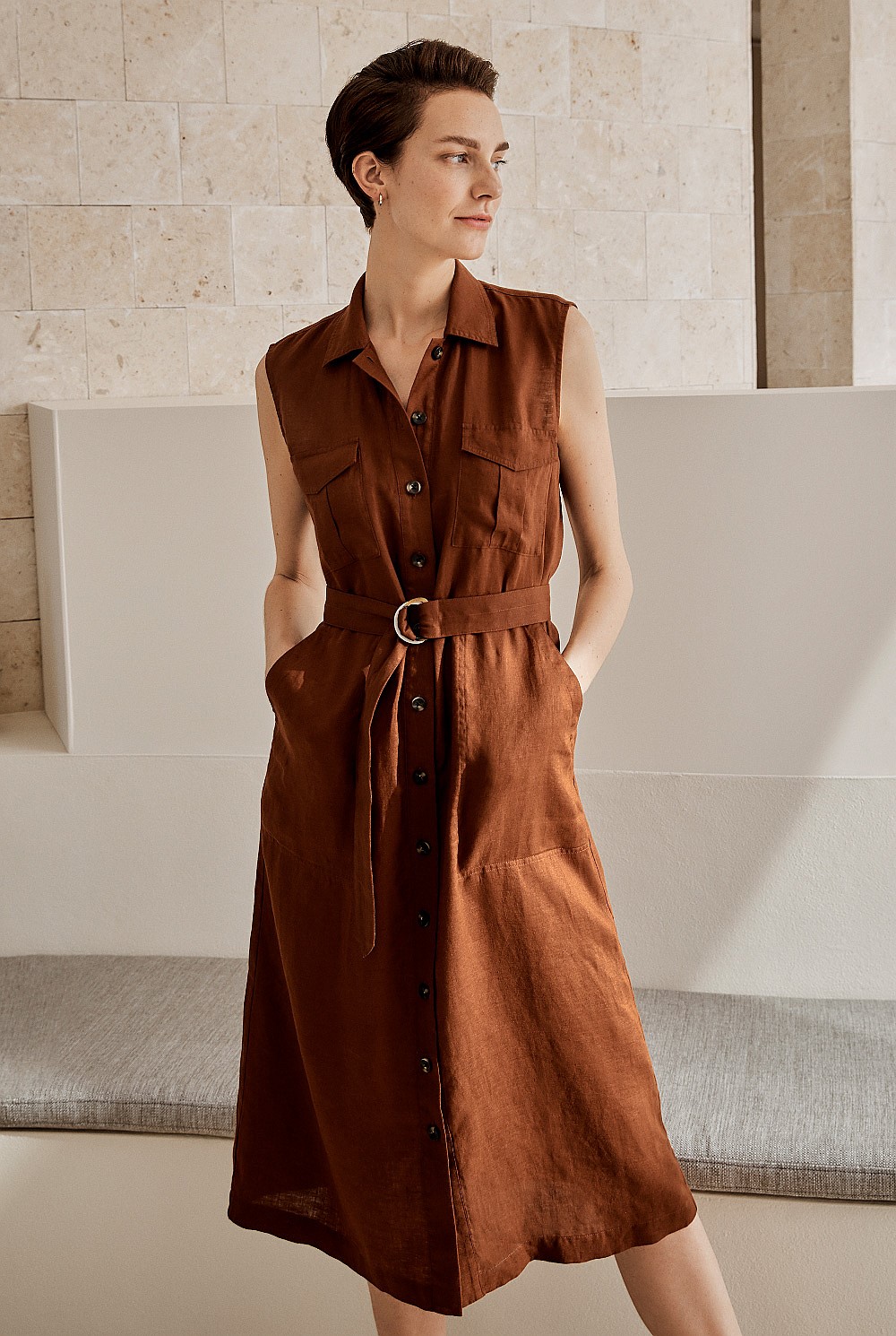 Linen Pocket Detail Sleeveless Dress
