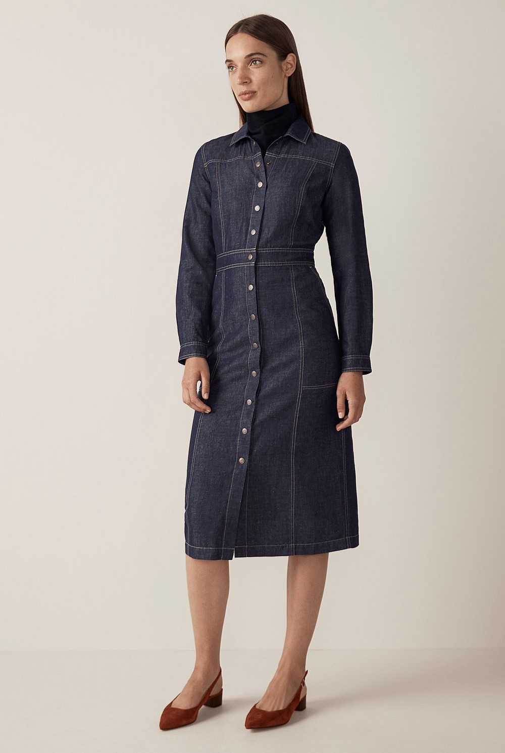 Yarn Dyed Button Front Shirt Dress