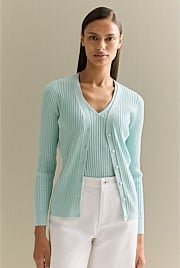 Mercerised Cotton Rib V Neck Cardigan