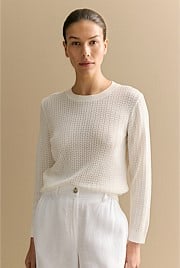 Mercerised Lace Knit 3/4 Sleeve Crew