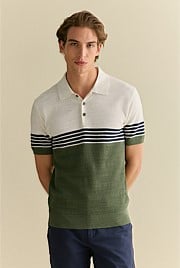 Cotton Linen Textured Colourblock Stripe Polo