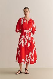 Stencil Palm Blouson Sleeve Tie Waist Dress