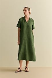 Linen Polo Collar Midi Shift Dress