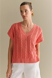 Mercerised Cable Knit Relaxed V Neck Top