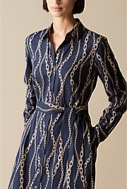 Cotton Modal Chain Print Belted Shirt Dress