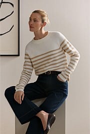 Cotton Cashmere Blend Striped Knit Crew